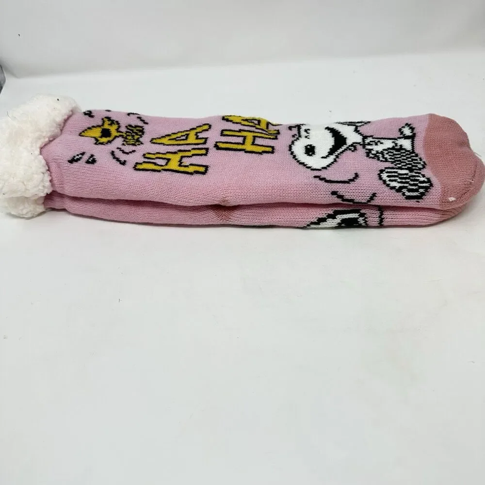 NWT Peanuts Snoopy & Woodstock Pink Sherpa Lined Slipper Socks Non-Slip OSFM